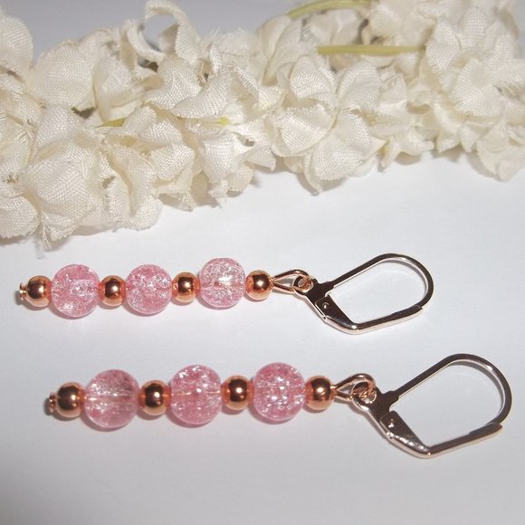 Earrings Rose Gold and Pink Dangle Drop Jewelry Gift Idea for Girl Woman 8122 - Picture 4 of 8